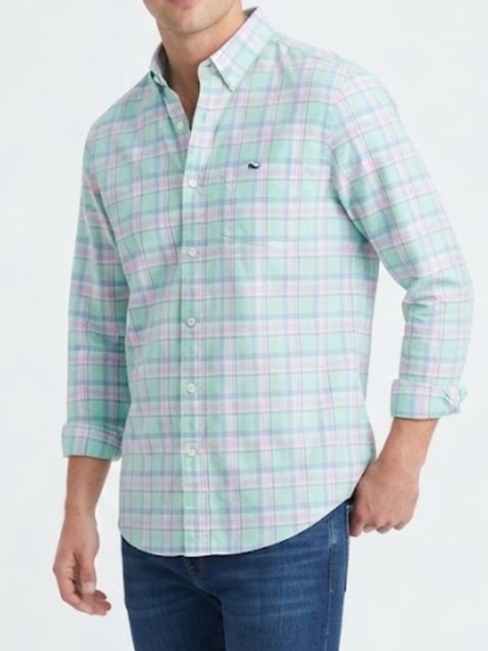 Vineyard Vines Men’s Pastel Plaid Button-Down Shirt in Mint & Lavender Large
